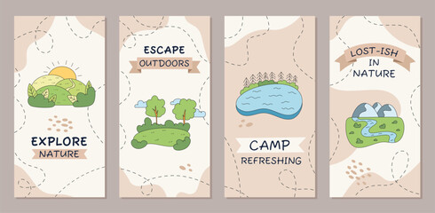 Outdoor camp adventure banner set with green hand drawn doodle elements. Nature, mountain, forest, lake and color map in travel background. Collection for outdoor and nature themes. © moonnoon