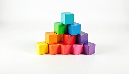 Fototapeta premium Colorful stacked building blocks form pyramid on white background. Toy bricks arranged for children play and early education learning. Cubes show creativity development and fun.