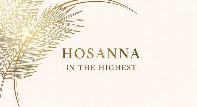 Serif text "Hosanna in the Highest," a palm branch detail, and a minimal gold foil effect vector