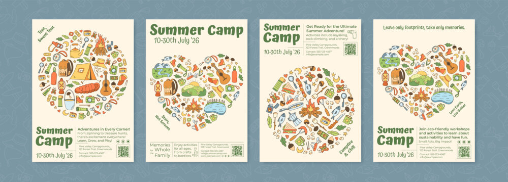 Vertical poster set with color doodle style shows family summer camp adventure. Outdoor trip scene with tent, campfire and hiking activities as collection.