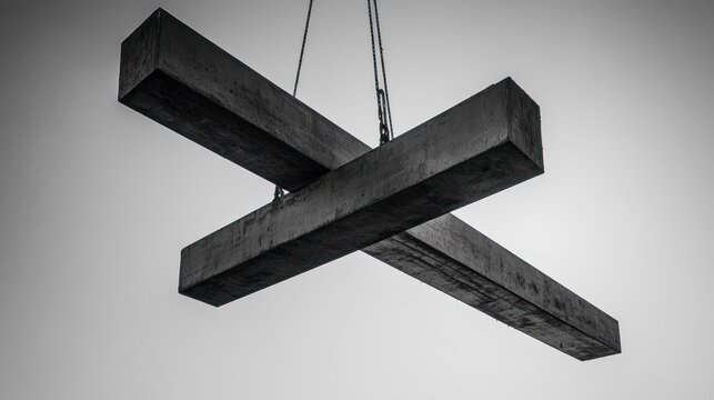 Two large dark rectangular timbers suspended from the ceiling by chains