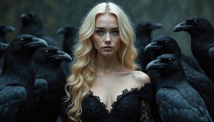 Fototapeta premium Beautiful blonde woman in black dress stands with flock of black ravens. Birds surround her on dark moody background. Fantasy portrait of sorceress with crows.