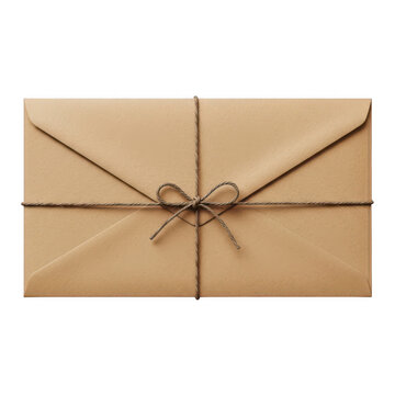 Brown paper envelope tied with a simple string and a small bow, isolated on transparent cutout png.
