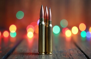 Naklejka premium Three bullets stand on a wooden table. Colorful blurry lights create a festive background. Image relates to firearms and celebrations, possibly for editorial use.