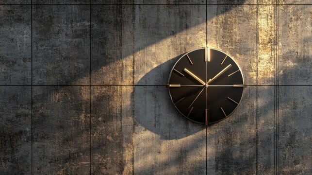 A modern black clock hangs on a concrete textured wall surface