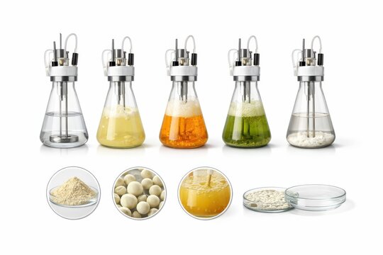 Innovative laboratory setup demonstrating diverse liquid compositions in glass flasks showcasing fermentation processes and mixtures highlighting biochemical transformations and nutritional
