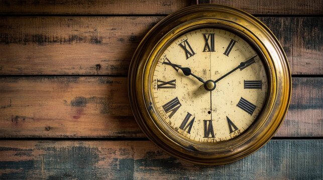 An antique wall clock hangs on a wooden textured surface
