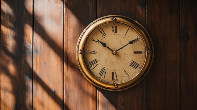 An old fashioned golden clock mounted on a wooden surface