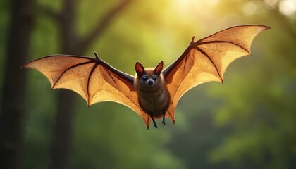 Obraz premium Furry bat with large wings flies in forest sunlight. Animal hunts at dusk, flutters wings showing delicate membrane. Nocturnal creature in flight, nature wildlife.