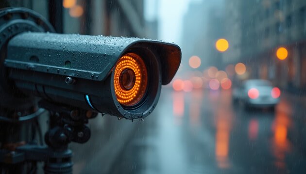Close up view of security camera in rainy city street at night. Camera lens has orange glow. Blurred city lights and car lights reflect on wet asphalt.