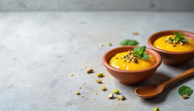Two terracotta bowls with orange dessert topped with pistachios and mint leaves sit on a gray surface. A wooden spoon rests nearby, ready for a sweet treat. This is perfect for festive food.