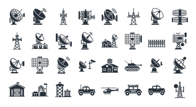 Military Base Equipment and Communication Radar Silhouette Vector Illustration Set