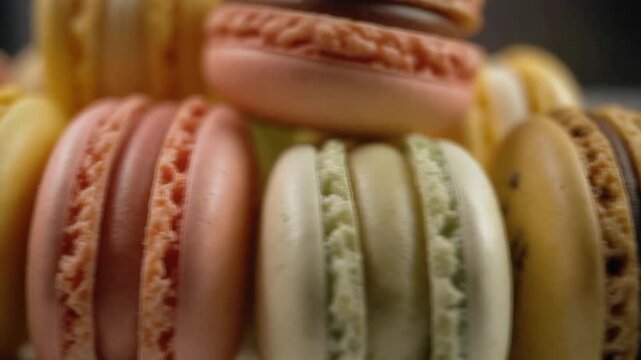 Close-up of stacked assorted macarons showcasing vibrant pastel colors textured surfaces and intricate sweet dessert details