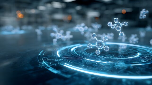 futuristic AI drug discovery interface hologram, molecular structures floating above a digital laboratory surface,