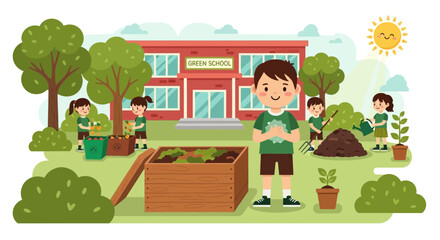 Obraz premium Children Engaged In Gardening Activities At A Verdant School Environment