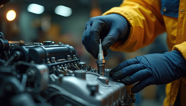 Mechanic gloved hands replace spark plug in car engine. Technician performs auto service and repair work in garage. Vehicle maintenance and engine tuning.