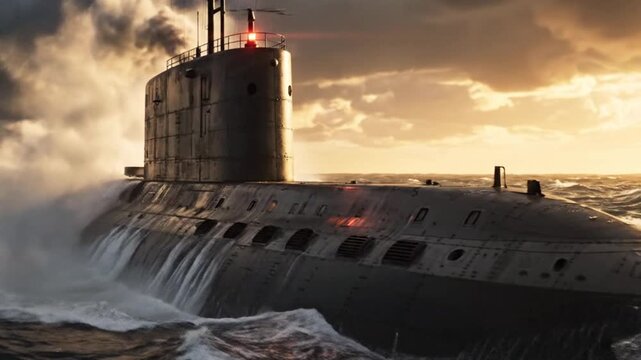 Military submarine  appeared on water surface at dramatic sunset