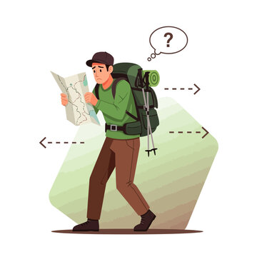 Confused Hiker Lost With Map And Backpack Exploring Wilderness Trails