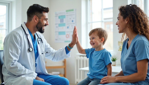 Male doctor gives high five to happy child patient during medical exam. Mother smiles nearby. Pediatrician, child, mom, doctor visit, exam room, health care, friendly interaction, positive
