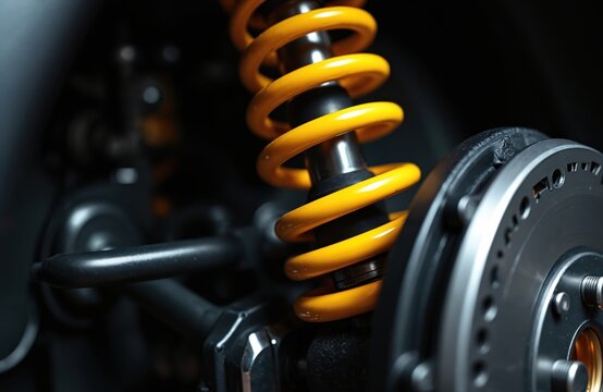 Bright yellow coilover shock absorber and brake disc assembly on dark car suspension. Precise metal parts form part of vehicle chassis and wheel hub.