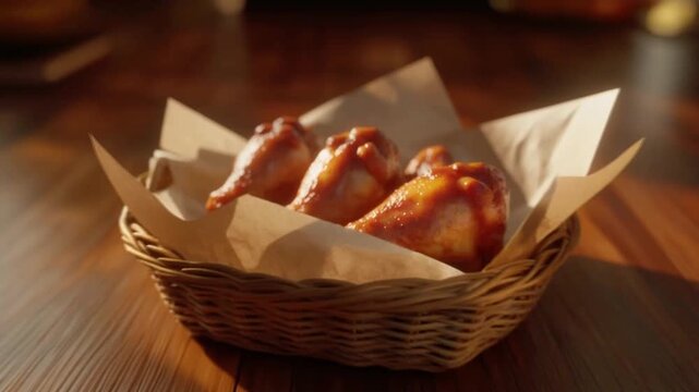 Close-up of cooked chicken wings coated in rich red sauce served in a woven basket lined with paper texture details