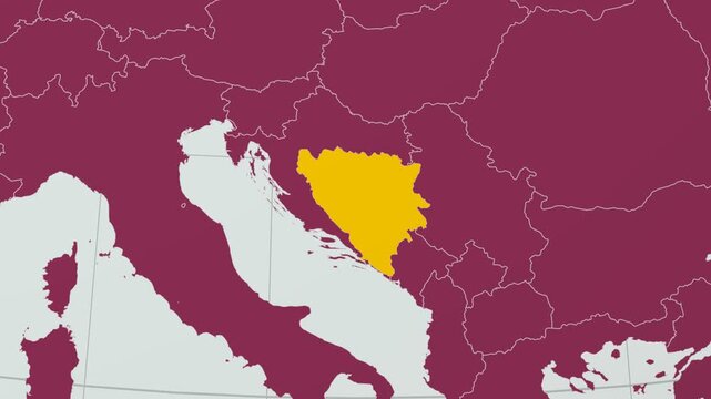 Bosnia and Herzegovina map. Animated zoom into the country on the Globe in Pale Mint Dark Pink color palette. Country logo animation with round text and airplanes. Map with meridians, parallels.