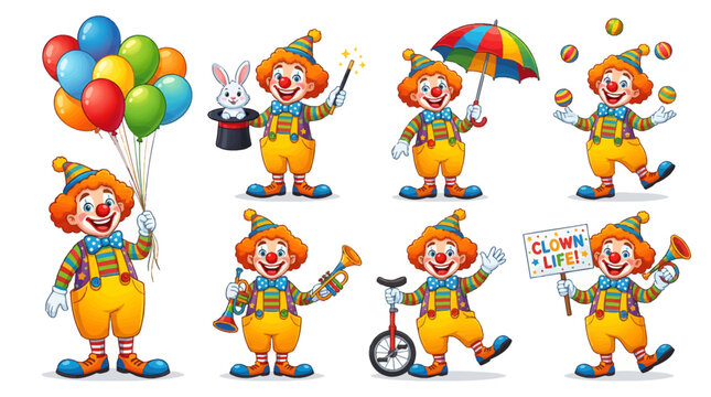 A vibrant cartoon clown character collection featuring various poses and props like balloons, magic tricks, and circus elements, ideal for kids and entertainment designs.