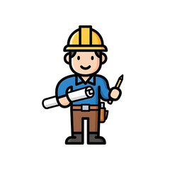 Fototapeta premium Cartoon construction worker with blueprint.