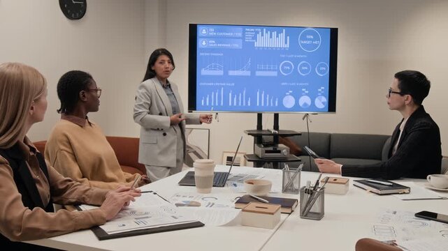 Zoom in shot of Hispanic young woman as business professional giving presentation standing by digital board in office and explaining data statistics to all female team, copy space