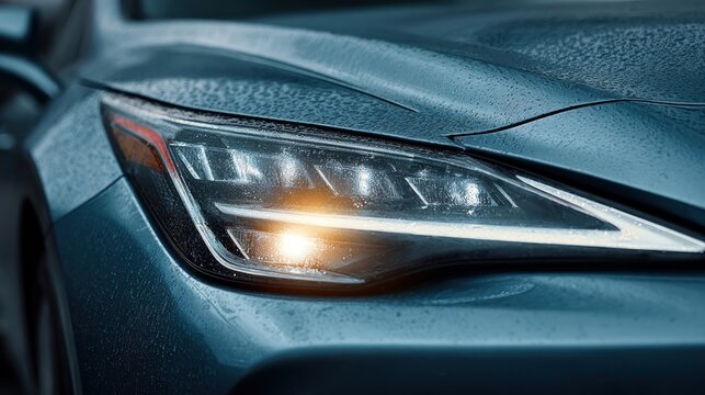 Close-up of a modern blue car headlight with rain droplets on the wet surface
