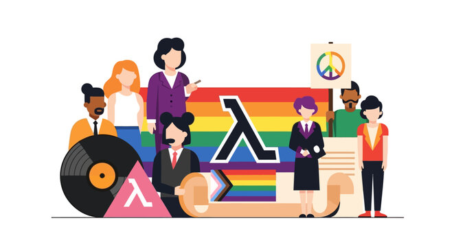 Diverse Group Celebrating LGBTQ+ Pride with Rainbow Flags and Lambda Symbols for Inclusion