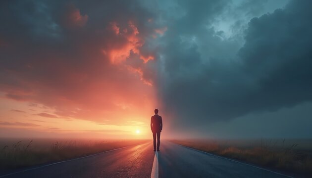 Man in suit stands on asphalt road splitting towards sunset and stormy sky. He faces future decision, choosing his life path. Person contemplates next step.