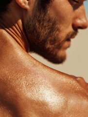 Naklejka premium close-up of Middle Eastern male neck and shoulder with sunscreen glow,