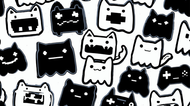 Abstract black and white pixel art seamless pattern with cute kawaii cartoon characters, ghosts, and gaming elements, retro doodle style.