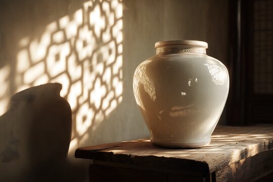 Close-up of elegant Korean Joseon dynasty style pottery with sophisticated texture and light.
