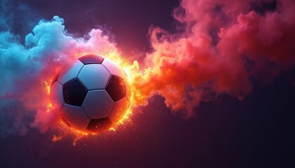 Fototapeta premium Soccer ball explodes in colorful smoke and fire. Dynamic sports concept illustration for game event celebration or competition. Action graphic design with copy space.
