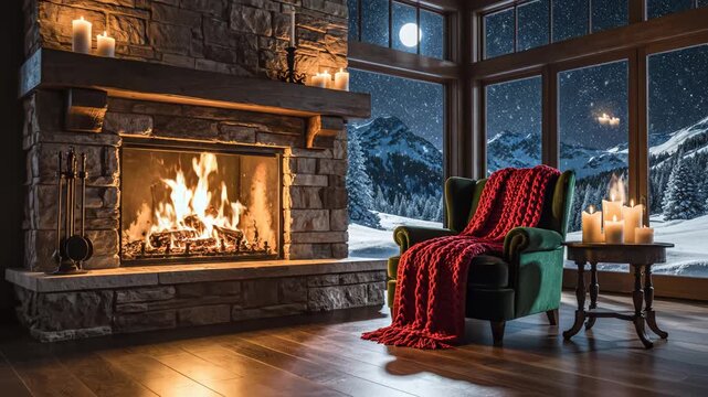 Cozy living room with fireplace and snowy view