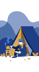 Obraz premium Cozy Camping Scene Person Brewing Tea Outdoors With Tent