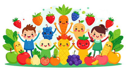 Obraz premium Vector illustration of cute kawaii fruits berries and vegetables with hands and legs.
