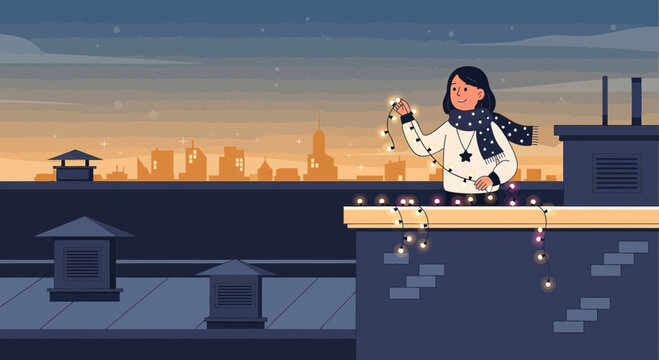 Cozy Rooftop Christmas Lights Decoration Festive Cityscape