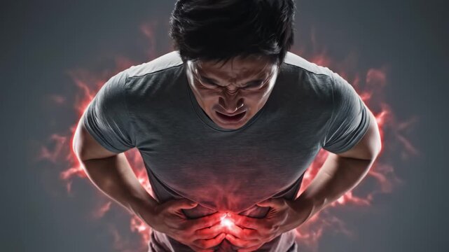 Man clutching stomach with glowing effect
