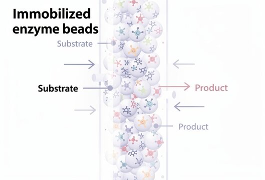 Visualization of immobilized enzyme beads illustrating substrate conversion into product showcasing biochemical processes and enzyme efficiency in modern laboratories