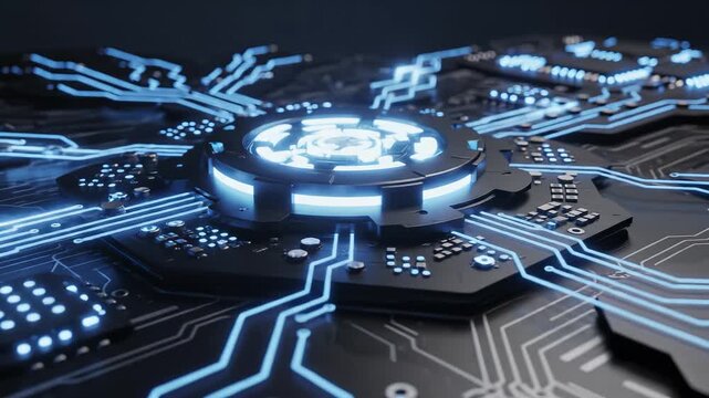 Circuit board with glowing blue lines
