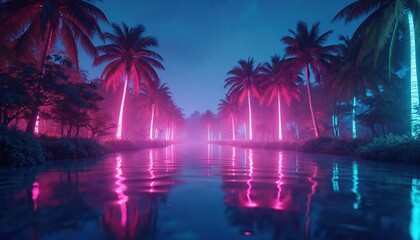 Obraz premium Neon lit palm trees line calm river reflecting vibrant pink and blue lights. Starry night sky glows over lush tropical jungle landscape. Ethereal surreal atmosphere.