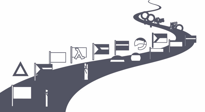 Winding Path Illustration with Symbolic Milestones and Flags Representing Progress and Success Roadmap