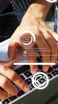 Vertical video: Developer typing on patio, right hand pressing keys showing code charts for insight