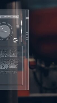 Vertical video: HUD overlay cycling times and dial shifting as system clock ticking for factory ops