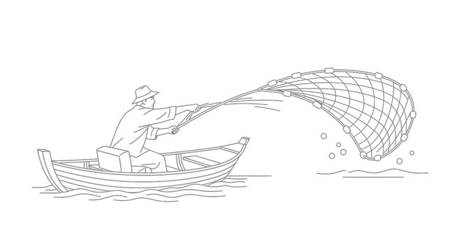 Traditional Fisherman Casting a Cast Net from a Wooden Boat Line Art Vector Illustration