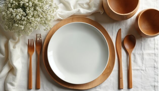 Minimalist table setting features white plate and wooden cutlery on linen cloth. White baby breath flowers add delicate detail. Two wood bowls rest nearby, top down view.