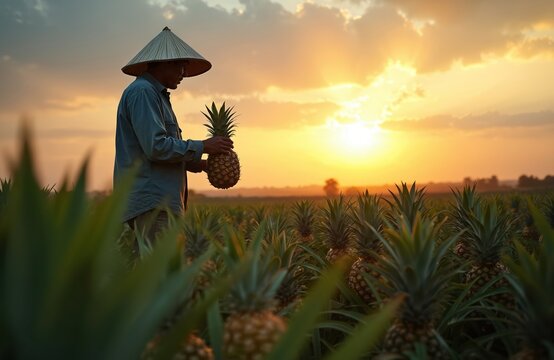 Man in conical hat inspects ripe pineapple fruit at golden hour sunset. Farmer stands in vast pineapple plantation field. Cultivation of tropical fruit.